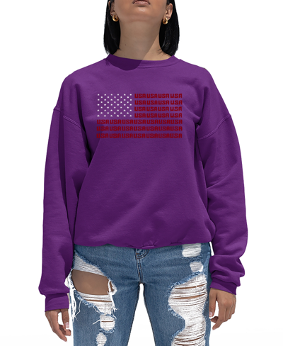 La Pop Art Women's Crewneck Word Art Usa Flag Sweatshirt Top In Purple