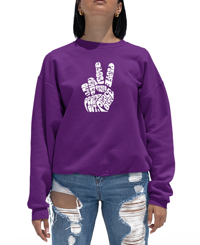 La Pop Art Women's Crewneck Word Art Peace Out Sweatshirt Top In Purple