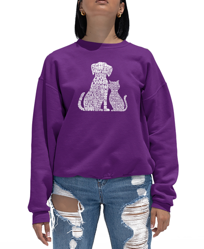La Pop Art Women's Crewneck Word Art Dogs And Cats Sweatshirt Top In Purple