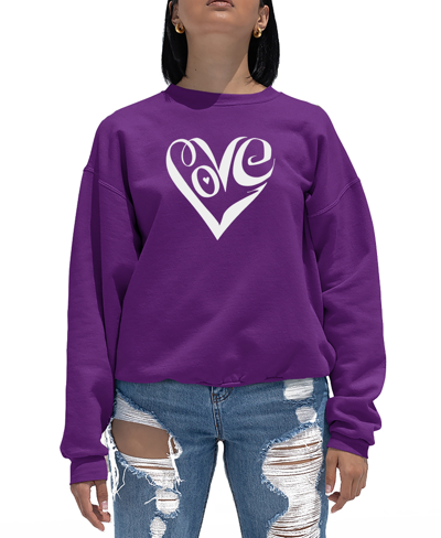 La Pop Art Women's Crewneck Word Art Script Love Heart Sweatshirt Top In Purple
