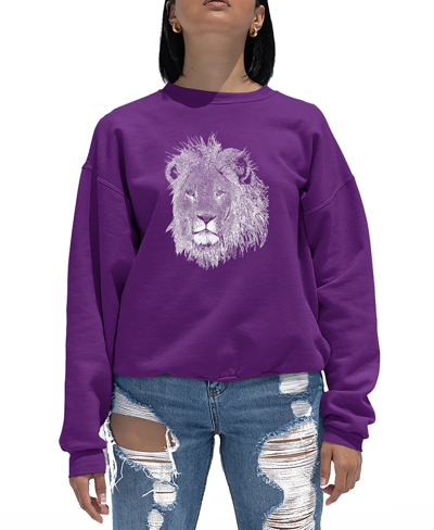 La Pop Art Women's Crewneck Word Art Lion Sweatshirt Top In Purple