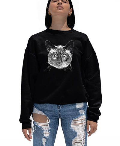 La Pop Art Women's Crewneck Word Art Siamese Cat Sweatshirt Top In Black