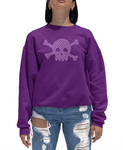 La Pop Art Women's Crewneck Word Art Xoxo Skull Sweatshirt Top In Purple