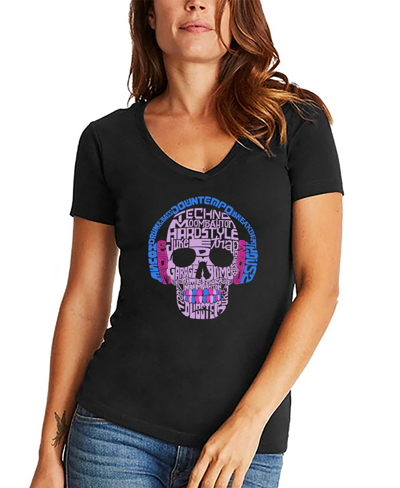 La Pop Art Women's V-neck Word Art Styles Of Edm Music T-shirt In Black