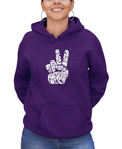 La Pop Art Women's Hooded Word Art Peace Out Sweatshirt Top In Purple