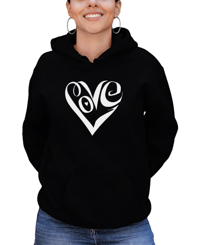 La Pop Art Women's Hooded Word Art Script Love Heart Sweatshirt Top In Black