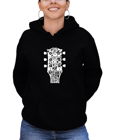 La Pop Art Women's Hooded Word Art Guitar Head Music Genres Sweatshirt Top In Black