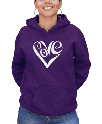 La Pop Art Women's Hooded Word Art Script Love Heart Sweatshirt Top In Purple