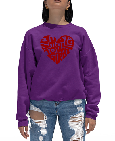 La Pop Art Women's Crewneck Word Art Just A Small Town Girl Sweatshirt Top In Purple