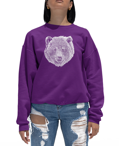 La Pop Art Women's Crewneck Word Art Bear Face Sweatshirt Top In Purple