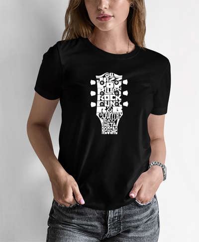 La Pop Art Women's Word Art Guitar Head Music Genres T-shirt In Black