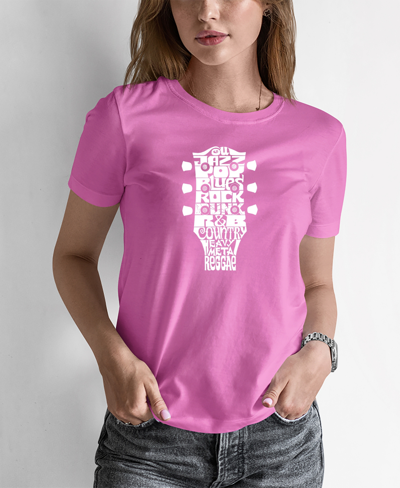 La Pop Art Women's Word Art Guitar Head Music Genres T-shirt In Pink