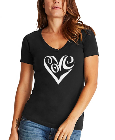 La Pop Art Women's V-neck Word Art Script Love Heart T-shirt In Black