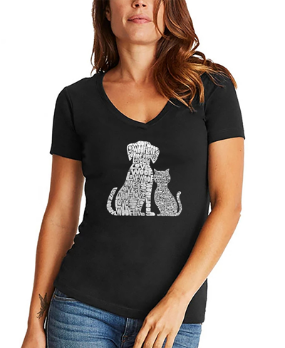 La Pop Art Women's V-neck Word Art Dogs And Cats T-shirt In Black