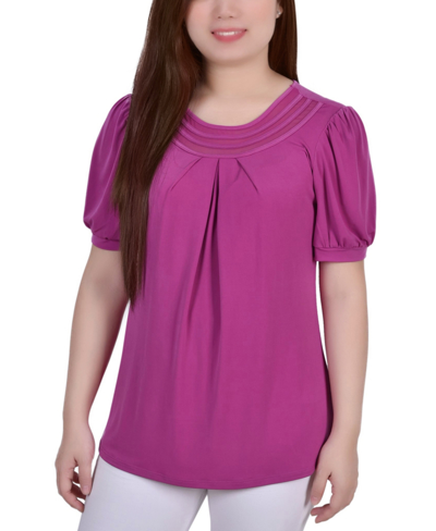 Ny Collection Plus Size Short Puff Sleeve Sheer Inset Top In Pink