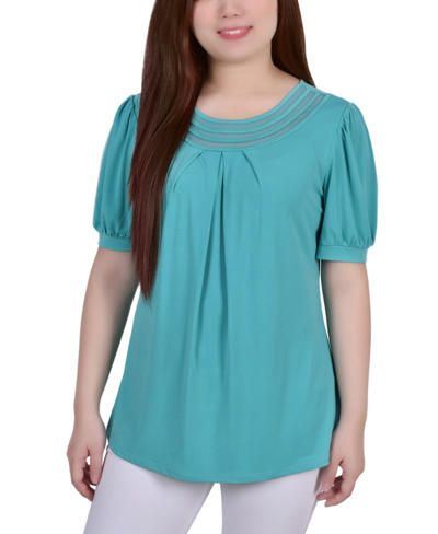 Ny Collection Plus Size Short Puff Sleeve Sheer Inset Top In Blue