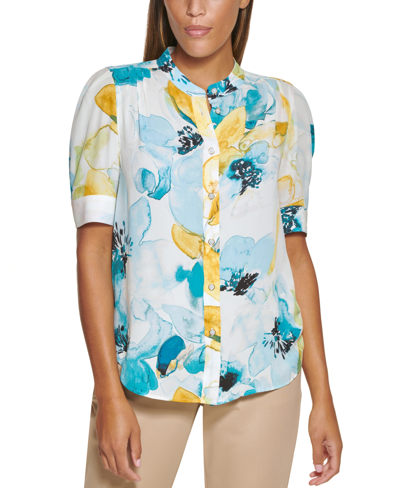 Dkny Petite Floral-print Button-down Blouse In Painted Floral