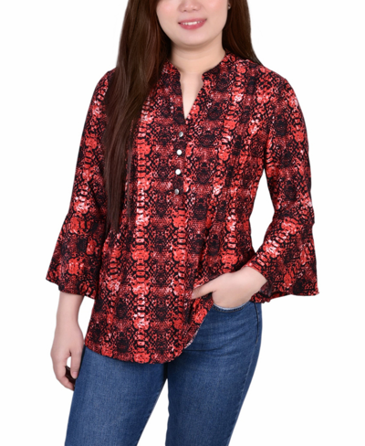 Ny Collection Petite 3/4 Bell Sleeve Printed Pleat Front Y-neck Top In Berry Plaid