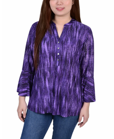 Ny Collection Women's 3/4 Bell Sleeve Pleat Front Y-neck Top In Purple Stripe