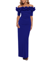 Xscape Ruffle Off The Shoulder Crepe Column Gown In Marine