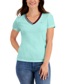 Tommy Hilfiger Women's Striped V-neck Short-sleeve T-shirt In Crme De Menthe