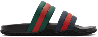 Gucci Signature Striped Logo Rubber Sliders In Black