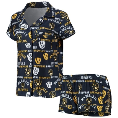 Concepts Sport Women's  Navy Milwaukee Brewers Flagship Allover Print Top And Shorts Sleep Set