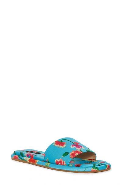 Natori Radial Printed Satin Slide Sandals In Aqua