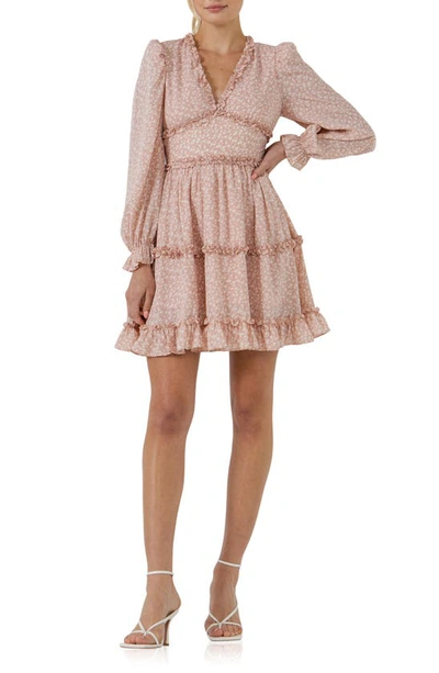 Free The Roses Floral Long Sleeve Ruffle Minidress In Pink
