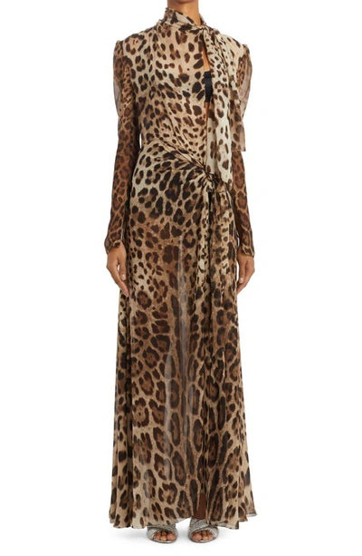 Dolce & Gabbana Tie-front Leopard-print Silk-georgette Maxi Dress In Brown