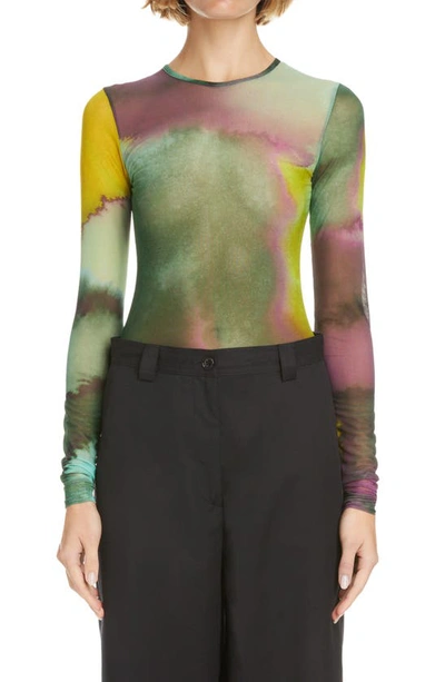 Dries Van Noten Watercolor Long-sleeve Stretch Mesh Top In Yellow 