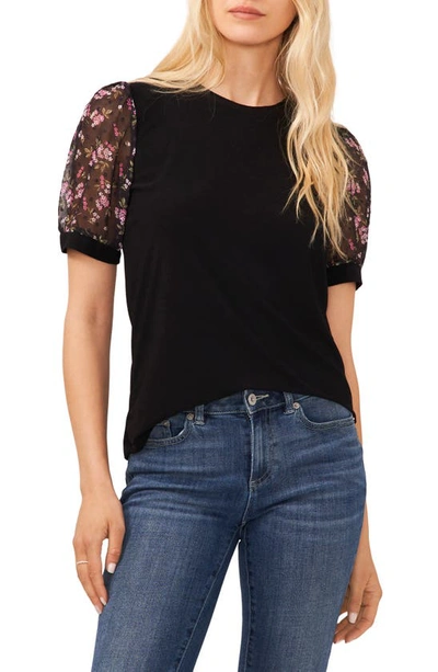 Cece Embroidered Puff Sleeve Top In Rich Black