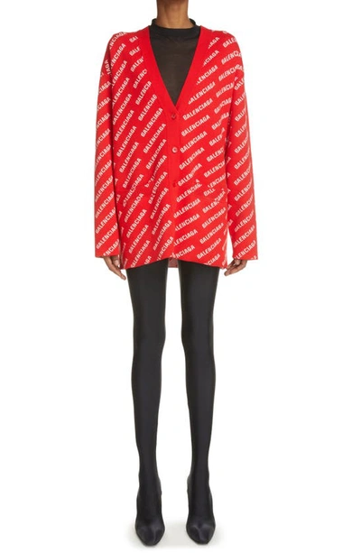 Balenciaga All Over Logo Printed Knitted Cardigan In Red