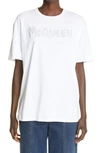 Alexander Mcqueen Unisex Graffiti Glitter Logo Cotton Graphic Tee In White/silver