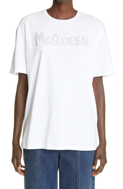 Alexander Mcqueen Unisex Graffiti Glitter Logo Cotton Graphic Tee In White/silver