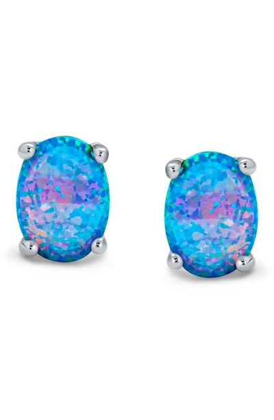 Bling Jewelry Rhodium Plated Sterling Silver 8mm Created Opal Oval Stud Earrings In Blue