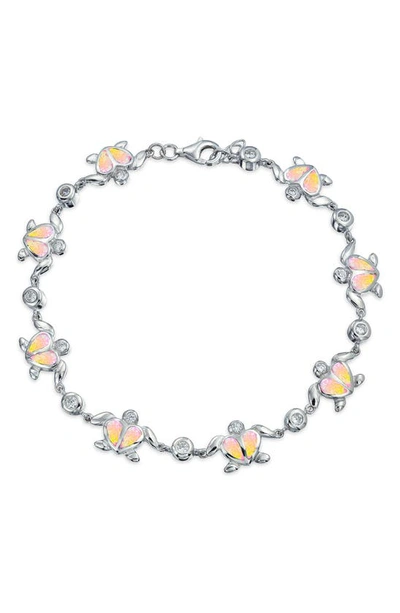 Bling Jewelry Sterling Silver Cz & Created Opal Heart Turtle Bracelet In Pink
