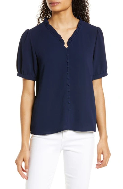 Cece Frill V-neck Button-up Blouse In Classic Navy