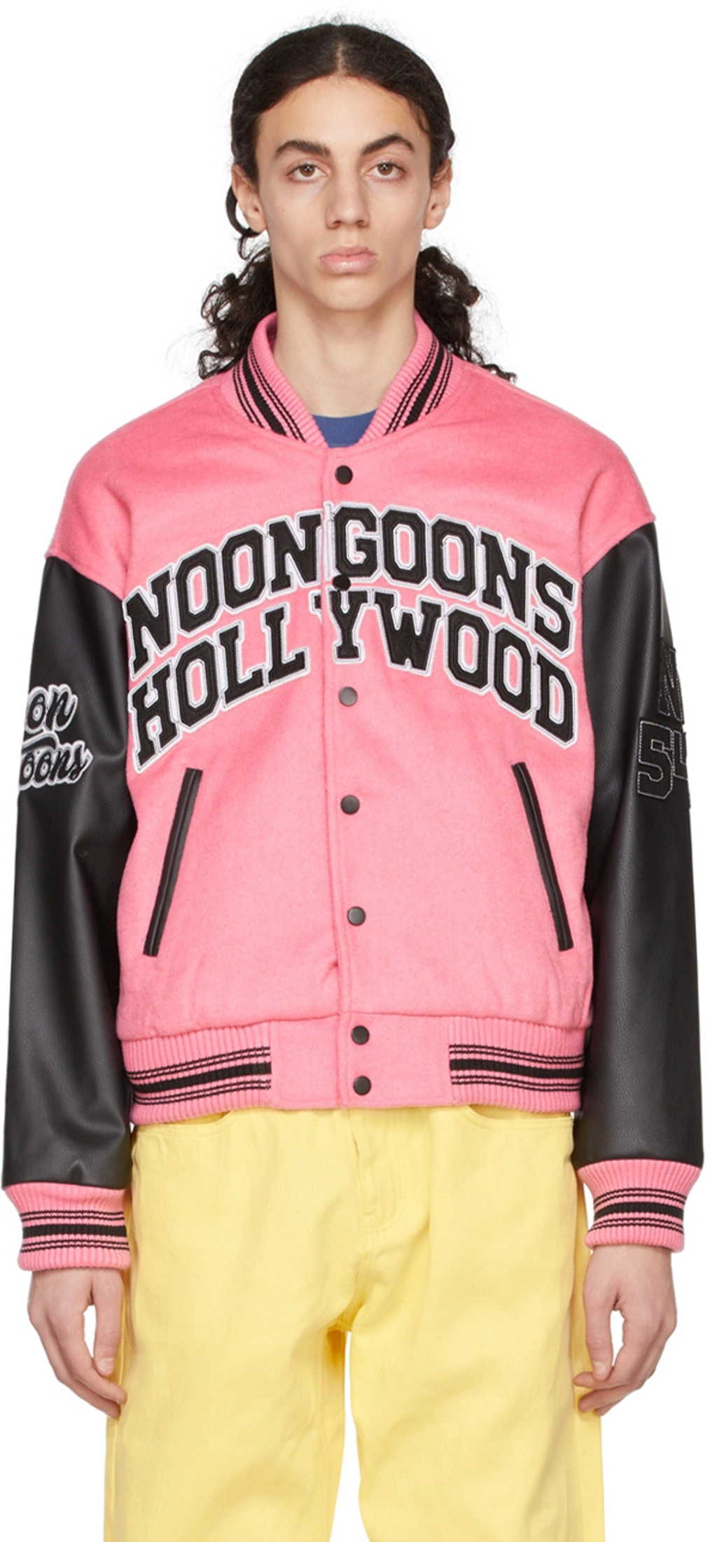 Noon Goons Hollywood Brand-appliqué Knitted Varsity Jacket In Pink