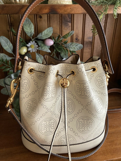 Pre-owned Tory Burch T Monogram Perforated Leather Bucket Bag 