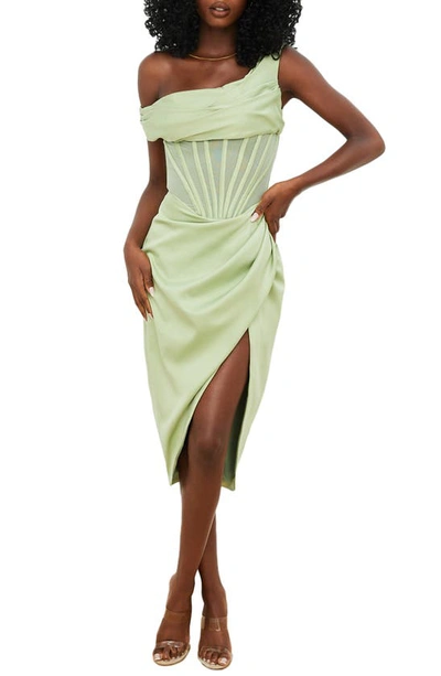 House Of Cb Lulu Corset One-shoulder Satin Midi Dress In Pistachio