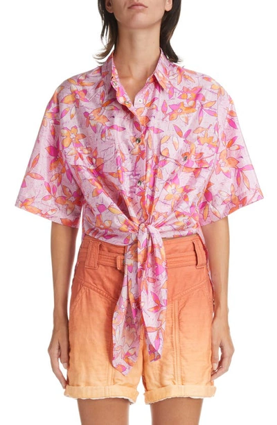 Isabel Marant Liaggy Knotted Floral-print Shell Shirt In Pink