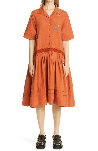 Story Mfg. Bookish Organic Cotton Shirtdress In Orange Harvest Sun