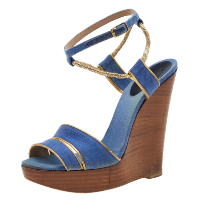 Pre-owned Chloé Blue/gold Canvas And Leather Trim Wedge Platform Sandals Size 36