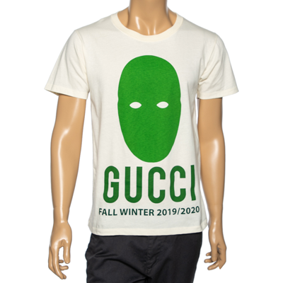 Pre-owned Gucci Cream Cotton Manifesto Mask Printed Crew Neck T-shirt Xs