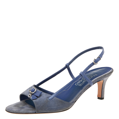 Pre-owned Ferragamo Blue Suede And Leather Slingback Sandals Size 40