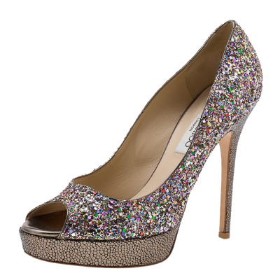 Pre-owned Jimmy Choo Multicolor Glitter Vibe Peep Toe Platform Pumps Size 38.5