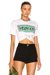 Versace Bead Embroidered Logo Safety-pin Crop T-shirt In Bianco & Multicolor