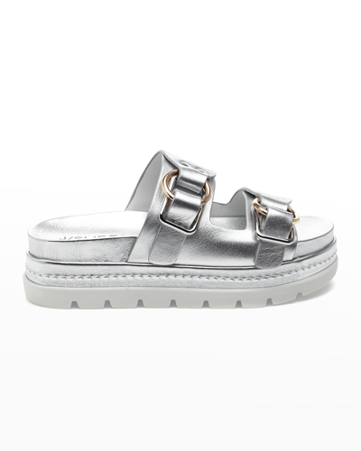 Jslides Baha Leather Double-buckle Slide Sandals In Silver Metallic Leather
