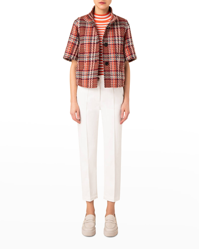 Akris Punto Check Tweed Short-sleeve A-line Crop Jacket In Multicolor Orange